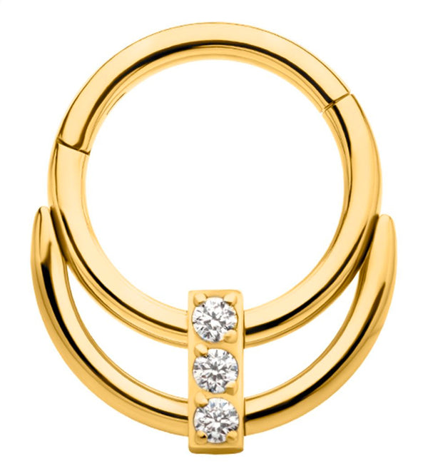 Gold PVD Double Hoop Triple Clear CZ Bar Stainless Steel Hinged Segment Ring
