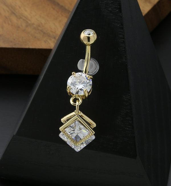 Gold PVD Double Square CZ Dangle Stainless Steel Belly Button Ring