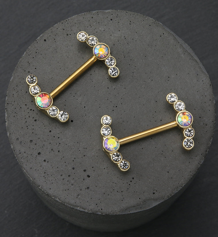 Gold PVD Enring Rainbow Aurora CZ Stainless Steel Nipple Barbell