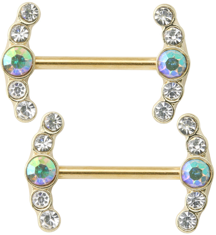 Gold PVD Enring Rainbow Aurora CZ Stainless Steel Nipple Barbell