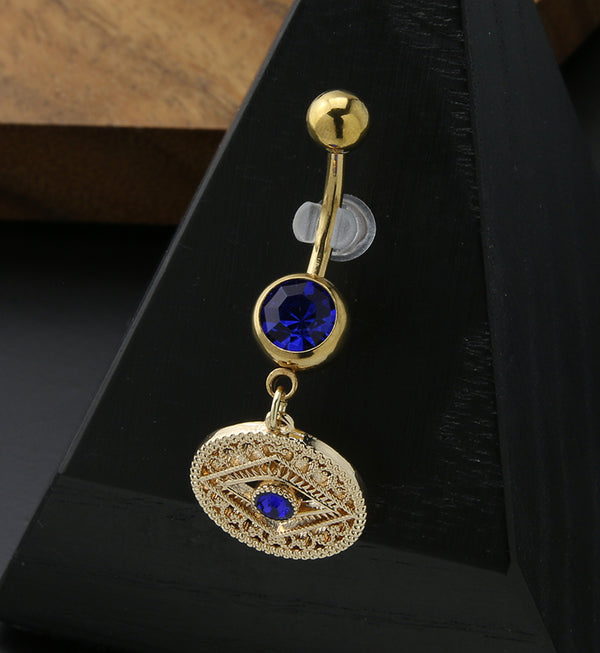 Gold PVD Evil Eye Blue CZ Stainless Steel Belly Button Ring