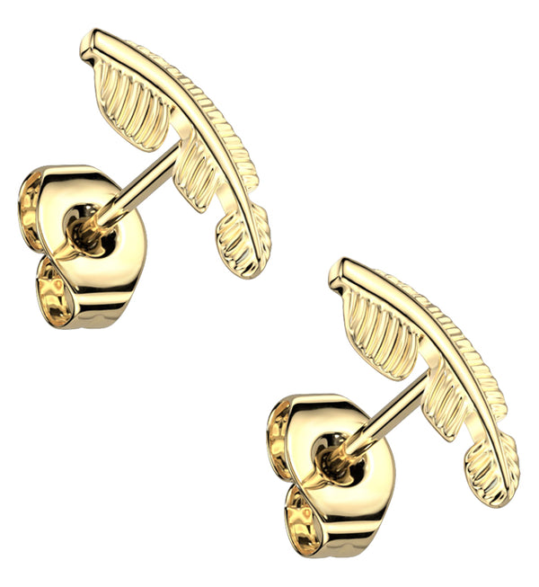 Gold PVD Feather Titanium Threadless Earrings