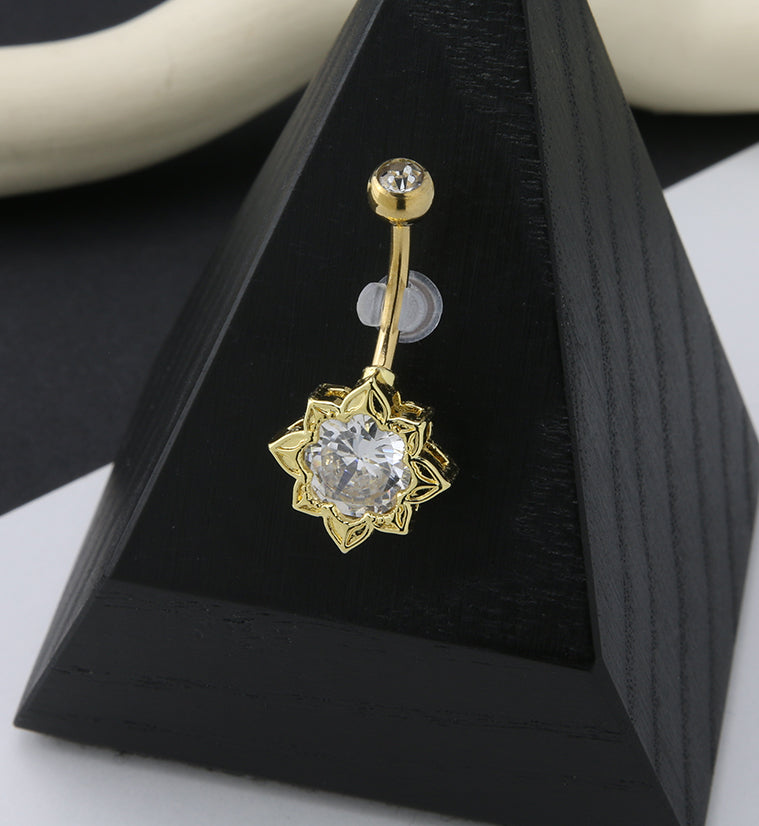 Gold PVD Flower CZ Belly Button Ring