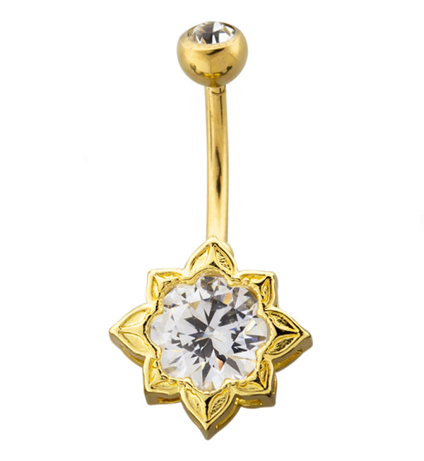 Gold PVD Flower CZ Belly Button Ring