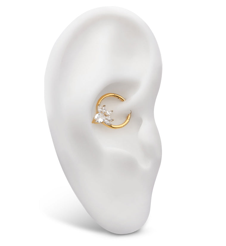 Gold PVD Flower Marquise Clear CZ Stainless Steel Hinged Segment Ring