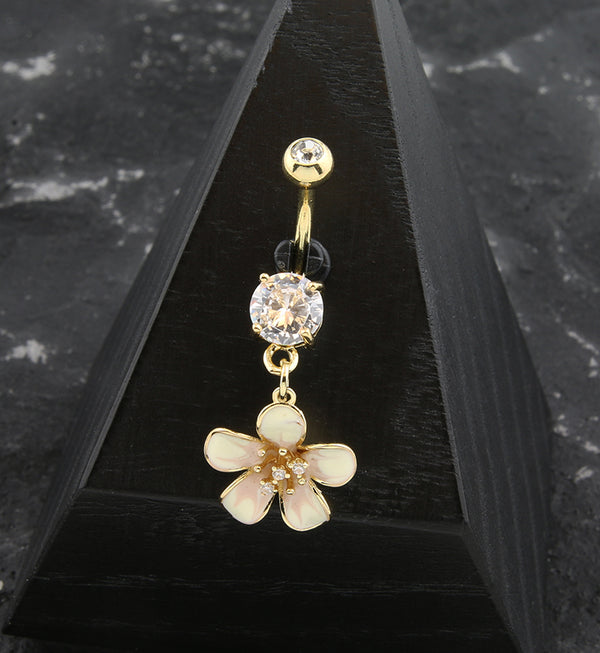 Gold PVD Flower Petals Clear CZ Dangle Belly Button Ring
