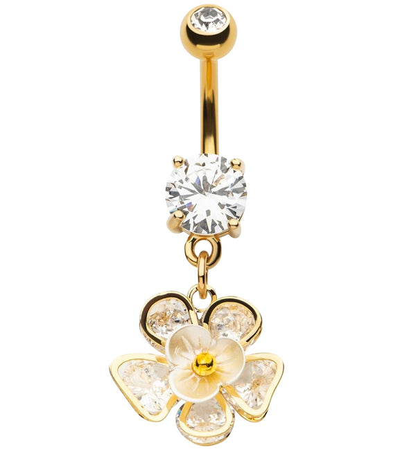 Gold PVD Flower Petals Clear CZ Dangle Belly Button Ring