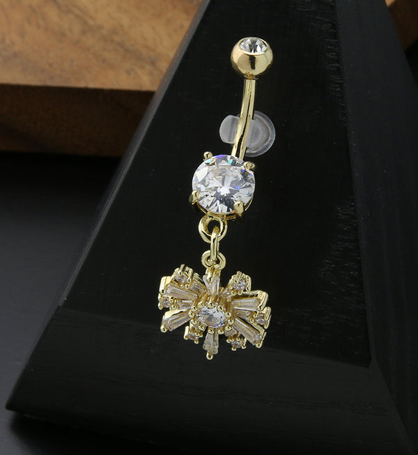 Gold PVD Flower Star CZ Dangle Stainless Steel Belly Button Ring