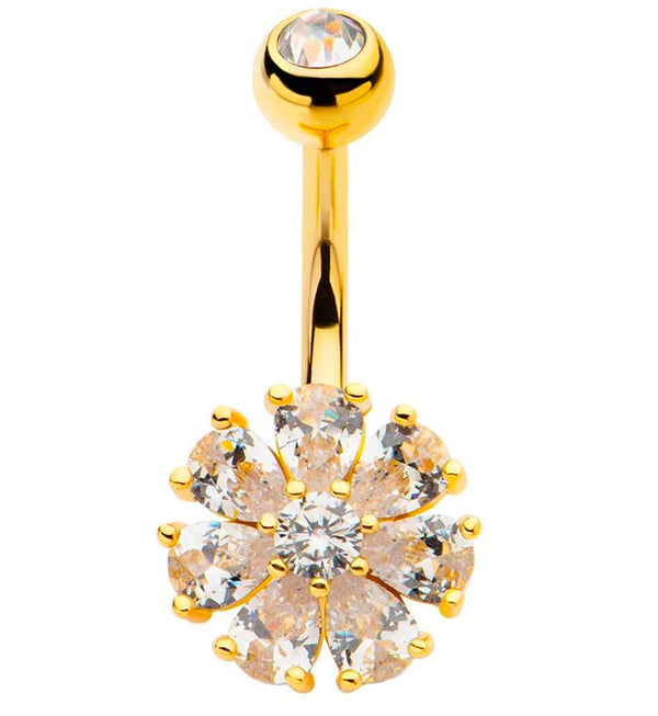 Gold PVD Flower Teardrop Clear CZ Stainless Steel Belly Button Ring