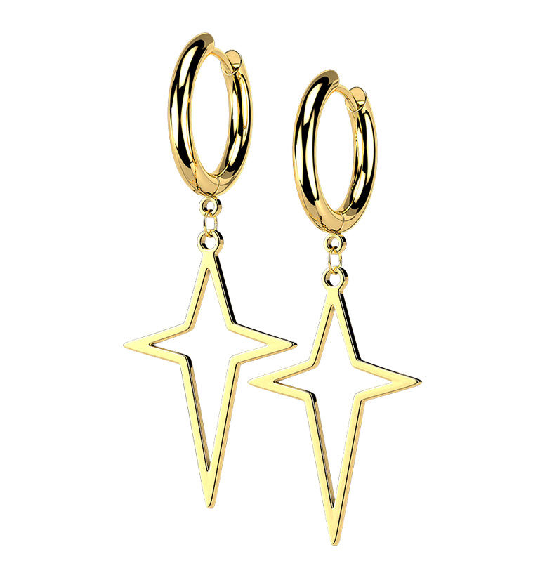 Gold PVD Four Point Star Stainless Steel Hinged Earrings