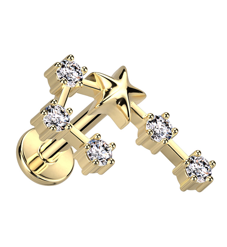 Gold PVD Gemini Constellation Clear CZ Stainless Steel Internally Threaded Labret