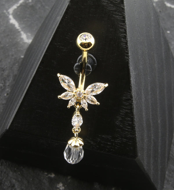 Gold PVD Half Flower Clear CZ Dangle Faceted Charm Stainless Steel Belly Button Ring