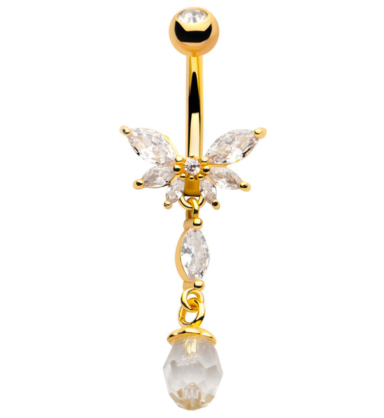 Gold PVD Half Flower Clear CZ Dangle Faceted Charm Stainless Steel Belly Button Ring