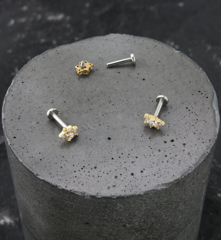 Gold PVD Half Flower Clear CZ Stainless Steel Internally Threaded Labret