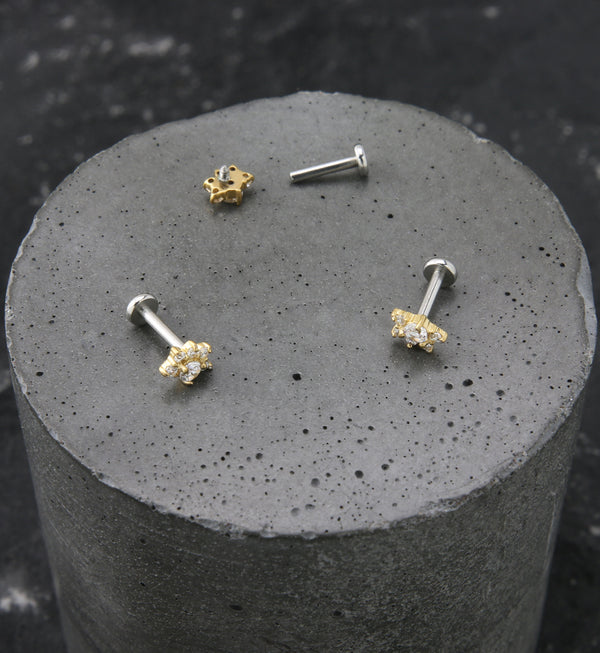 Gold PVD Half Flower Clear CZ Stainless Steel Internally Threaded Labret