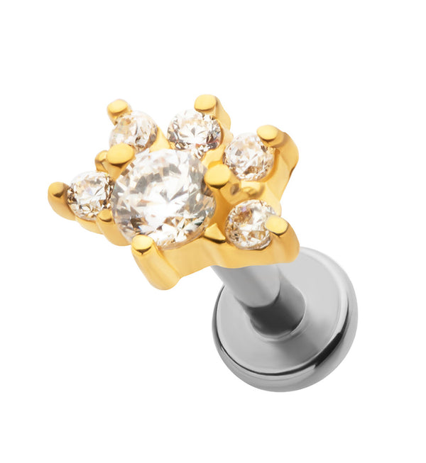 Gold PVD Half Flower Clear CZ Stainless Steel Internally Threaded Labret