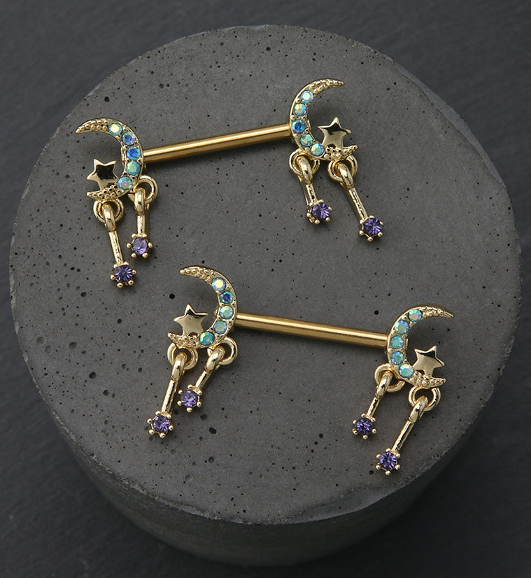 Gold PVD Half Moon Dangle Star Blue Aurora CZ Stainless Steel Nipple Barbell