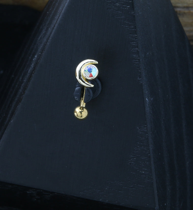 Gold PVD Half Moon Rainbow Aurora CZ Curved Barbell