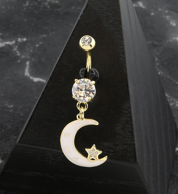 Gold PVD Half Moon White Opalite Dangle Belly Button Ring