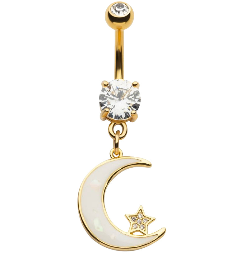 Gold PVD Half Moon White Opalite Dangle Belly Button Ring