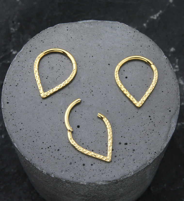 Gold PVD Hammered Teardrop Stainless Steel Hinged Segment Ring