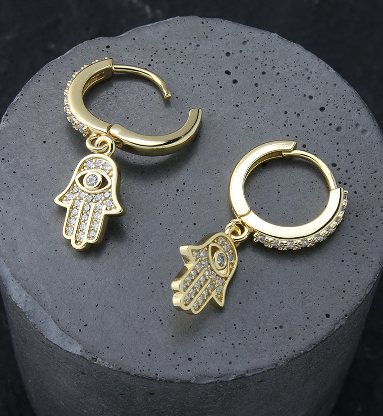 Gold PVD Hamsa Hand CZ Stainless Steel Hoop Earrings