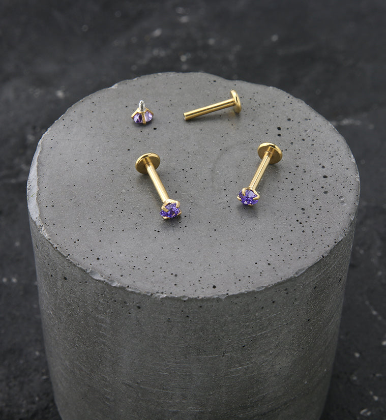 Gold PVD Heart Amethyst CZ Stainless Steel Internally Threaded Labret