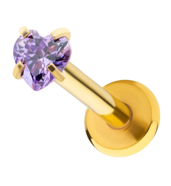 Gold PVD Heart Amethyst CZ Stainless Steel Internally Threaded Labret