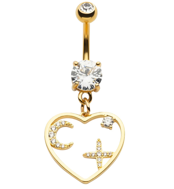 Gold PVD Heart Cutout Crescent Moon and Star CZ Dangle Belly Button Ring
