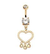 Gold PVD Heart Dangle Rainbow Aurora CZ Trio Stainless Steel Belly Button Ring