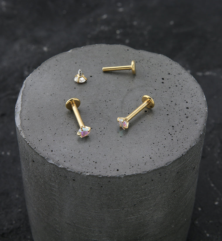 Gold PVD Heart Rainbow Aurora CZ Stainless Steel Internally Threaded Labret