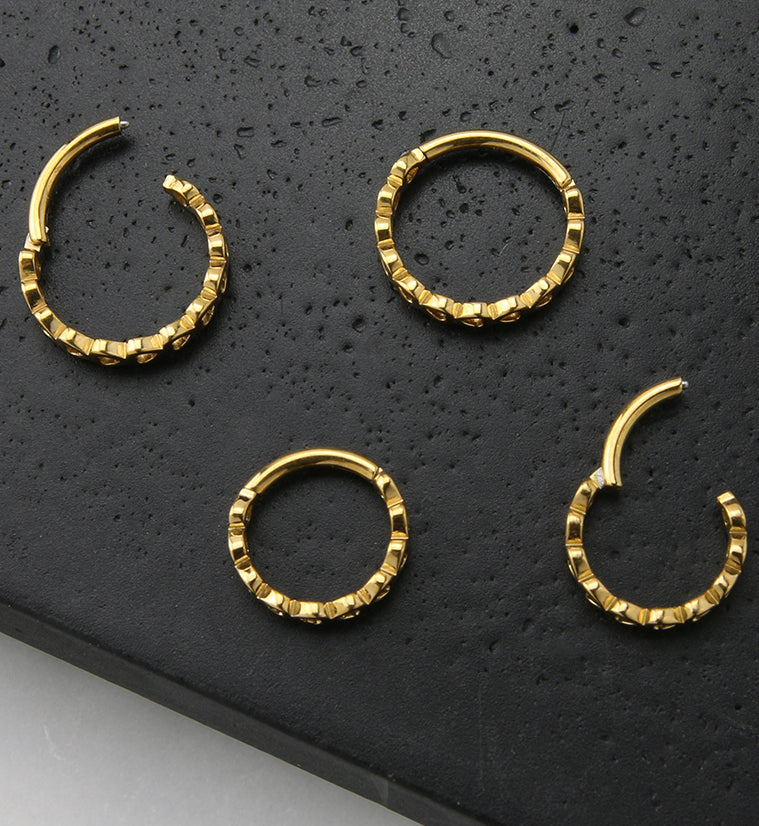 Gold PVD Heart Row Stainless Steel Hinged Segment Ring