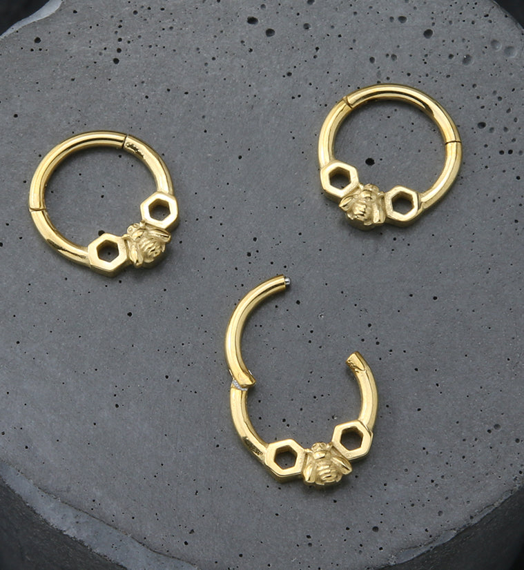 Gold PVD Honeycomb Bee Stainless Steel Hinged Segment Ring