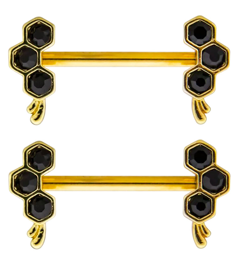 Gold PVD Honeycomb Drip Black CZ Stainless Steel Nipple Barbell