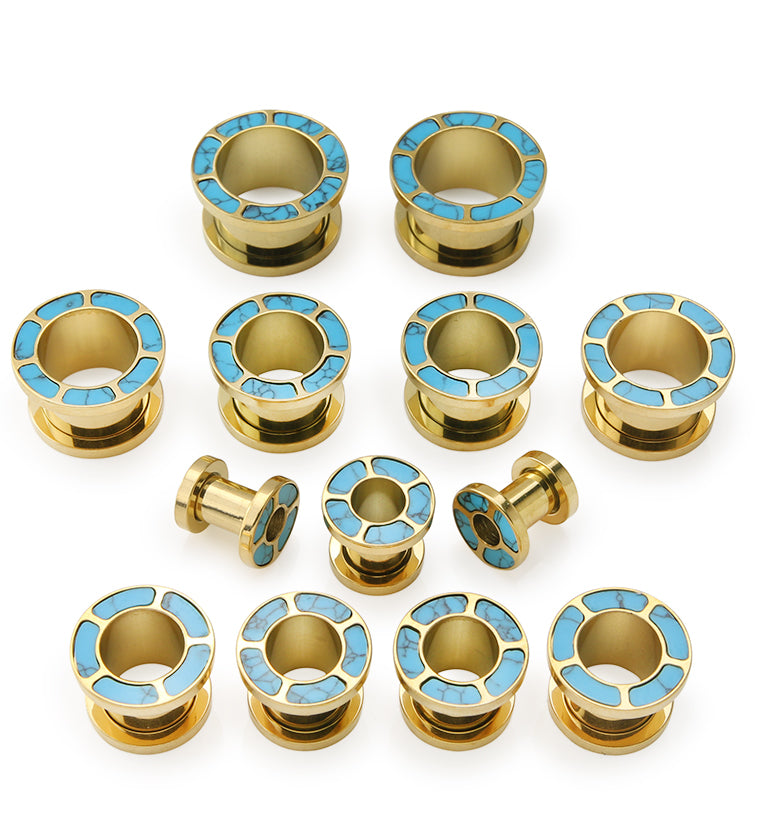 Gold PVD Howlite Turquoise Rim Stainless Steel Tunnel Plugs