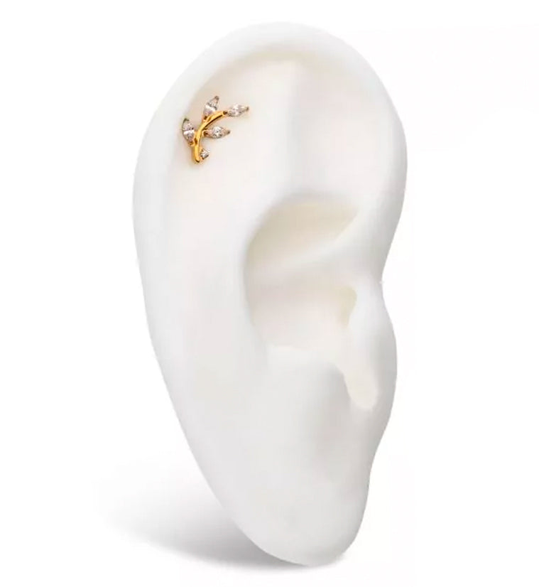 Gold PVD Leaf Clear CZ Internally Threaded Titanium Top