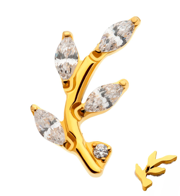 Gold PVD Leaf Clear CZ Internally Threaded Titanium Top