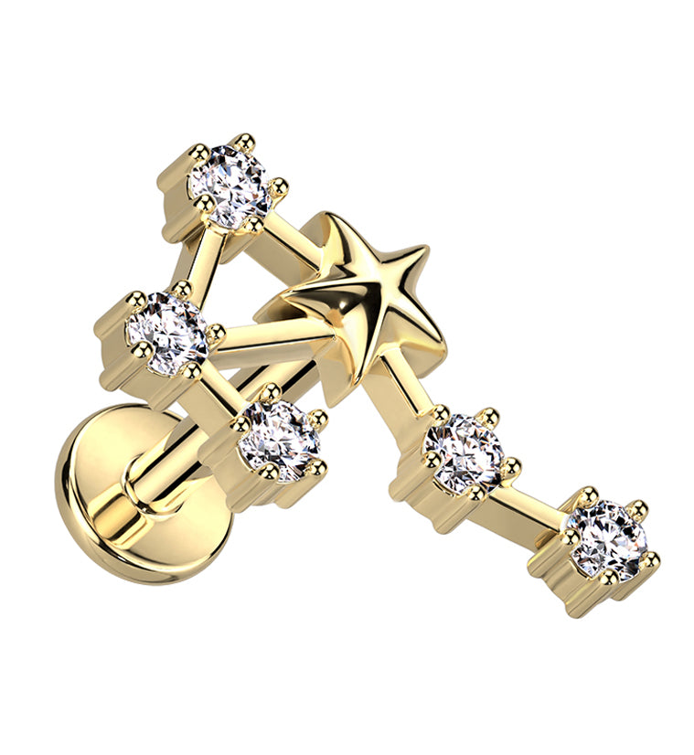 Gold PVD Libra Constellation Clear CZ Stainless Steel Internally Threaded Labret
