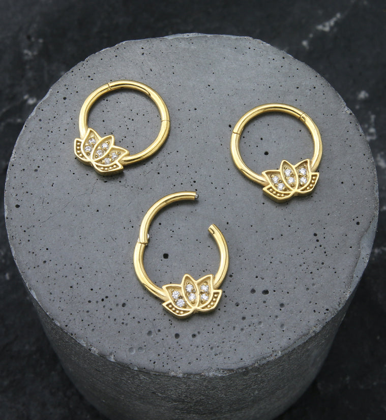 Gold PVD Lotus Flower Clear CZ Stainless Steel Hinged Segment Ring