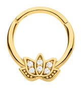 Gold PVD Lotus Flower Clear CZ Stainless Steel Hinged Segment Ring