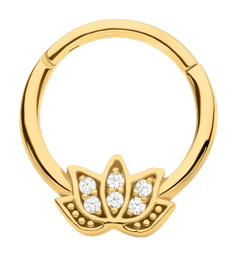 Gold PVD Lotus Flower Clear CZ Stainless Steel Hinged Segment Ring