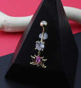 Gold PVD Lotus Flower Pink CZ Belly Button Ring