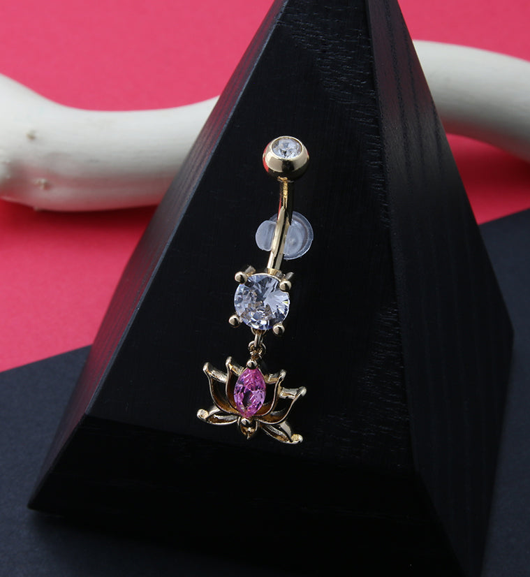 Gold PVD Lotus Flower Pink CZ Belly Button Ring