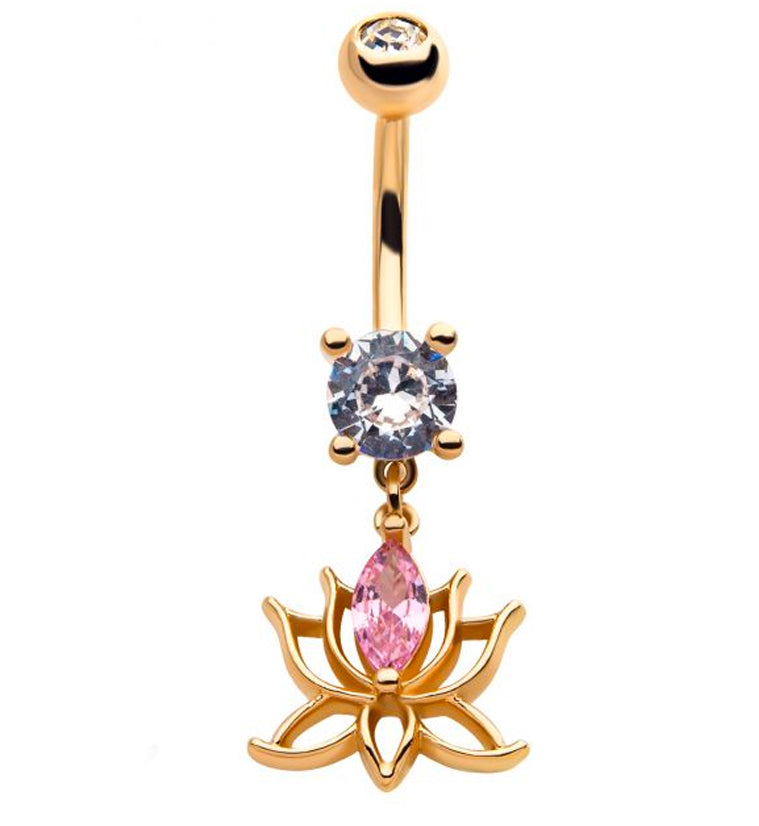 Gold PVD Lotus Flower Pink CZ Belly Button Ring