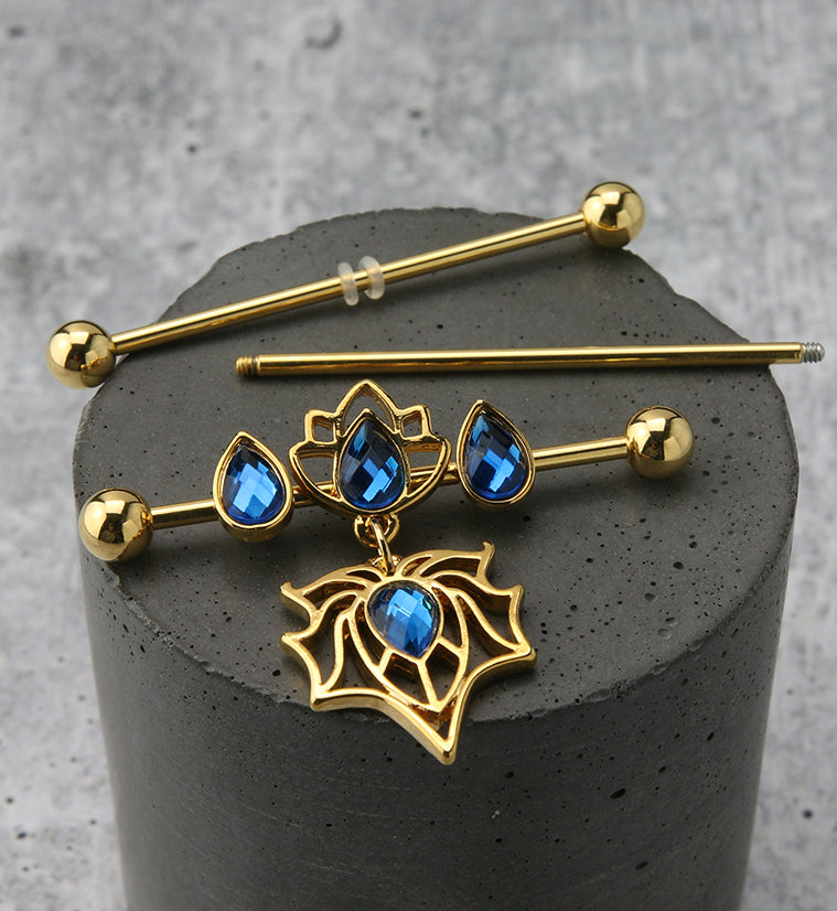 Gold PVD Lotus Spider Blue CZ Industrial Barbell