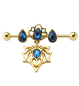 Gold PVD Lotus Spider Blue CZ Industrial Barbell