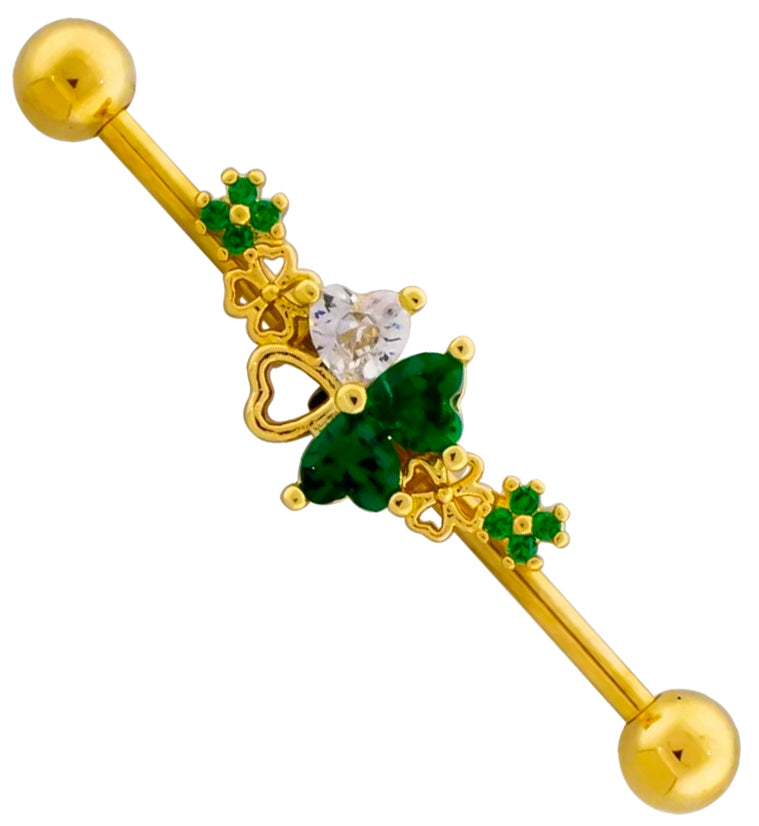 Gold PVD Lucky Clover Cluster Green CZ Stainless Steel Industrial Barbell