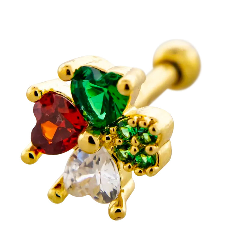 Gold PVD Lucky Clover Red And Green CZ Stainless Steel Cartilage Barbell