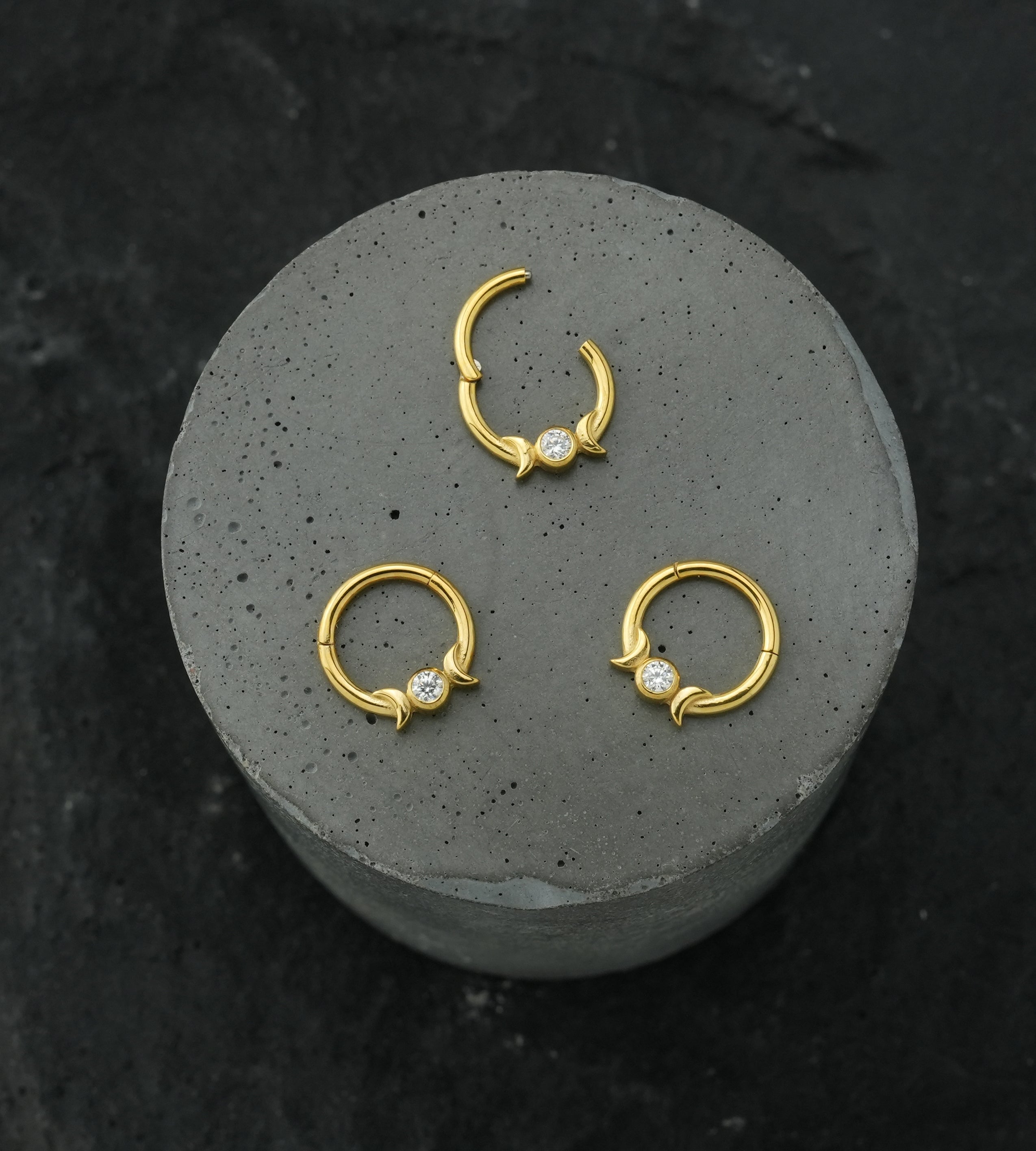 Gold PVD Lunar Phase Clear CZ Stainless Steel Hinged Segment Ring