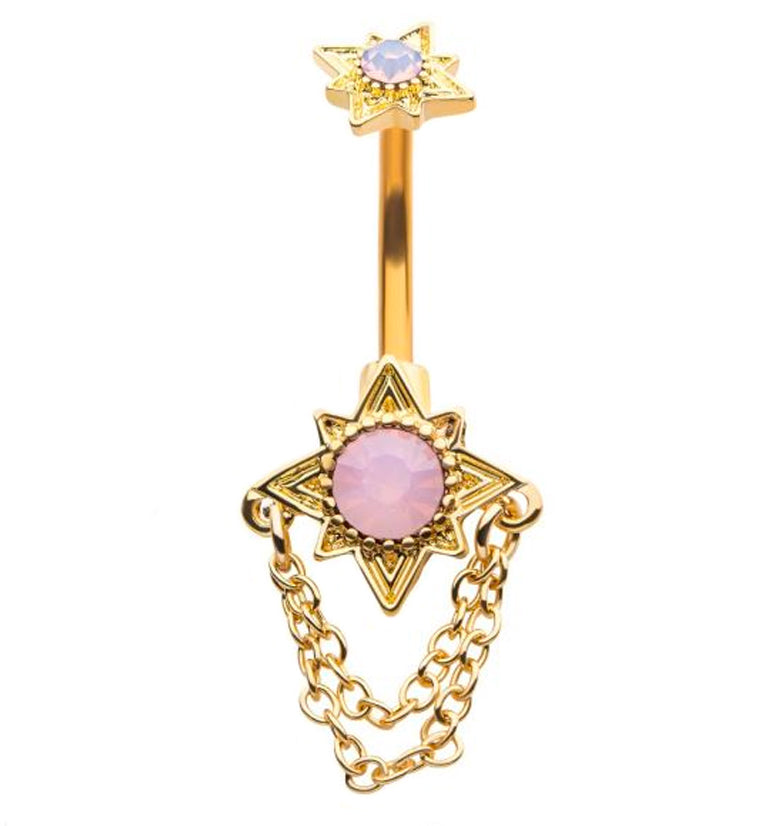 Gold PVD North Star Pink Opalite Dangle Chain Belly Button Ring